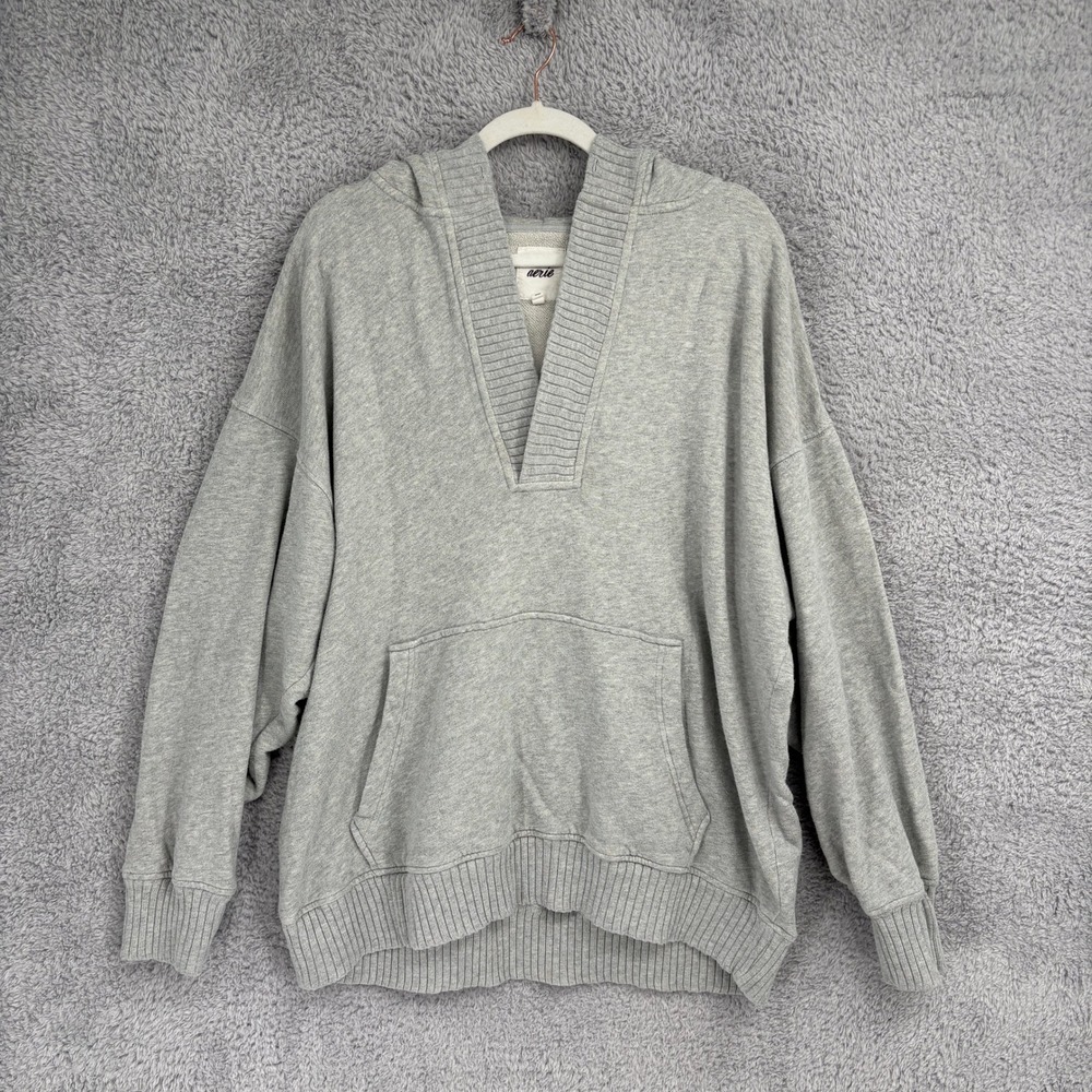 Aerie Down To Earth Henley Hoodie Size L Heather Gray Oversized V Neck Terry - Picture 2 of 8